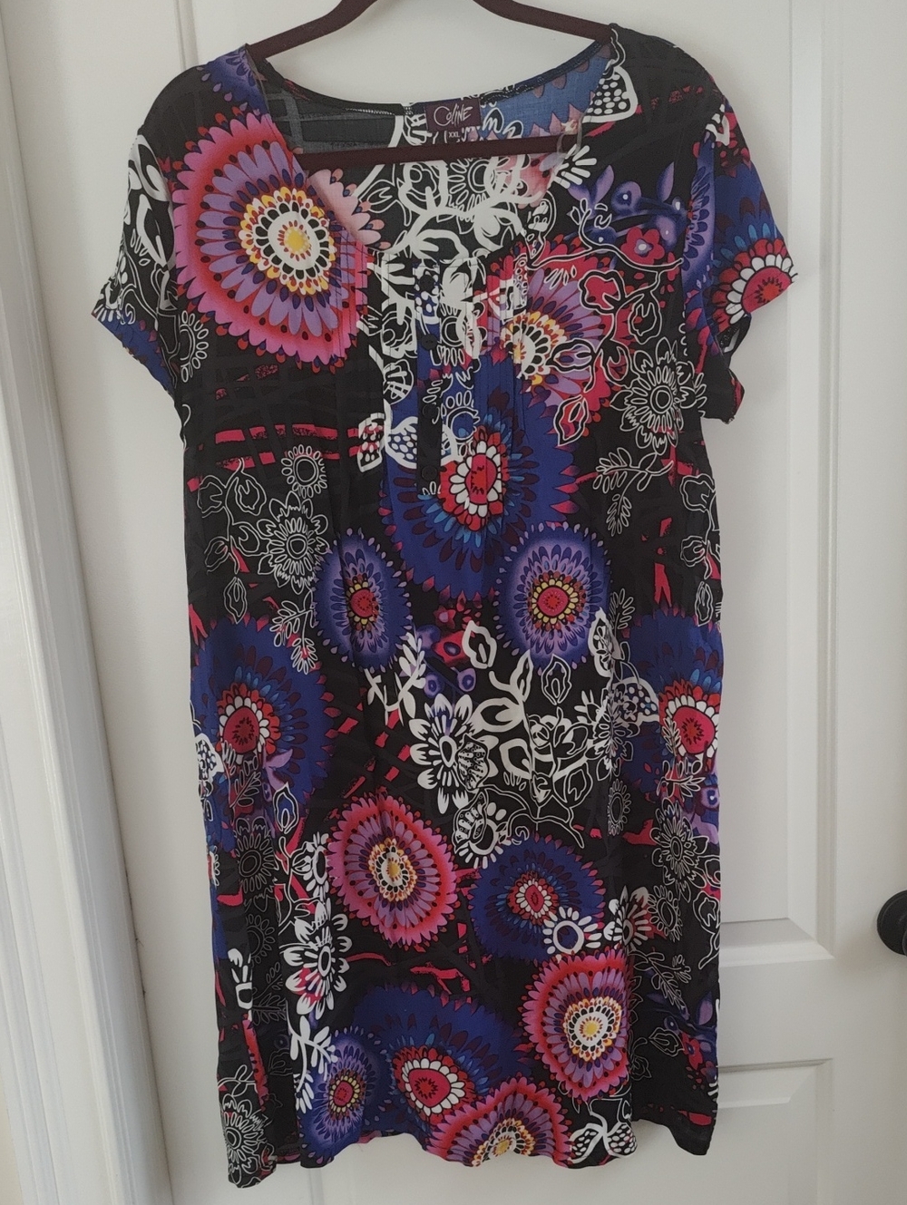 Coline Black Short Sleeve Floral-Print Dress with Pink and Purple Accents